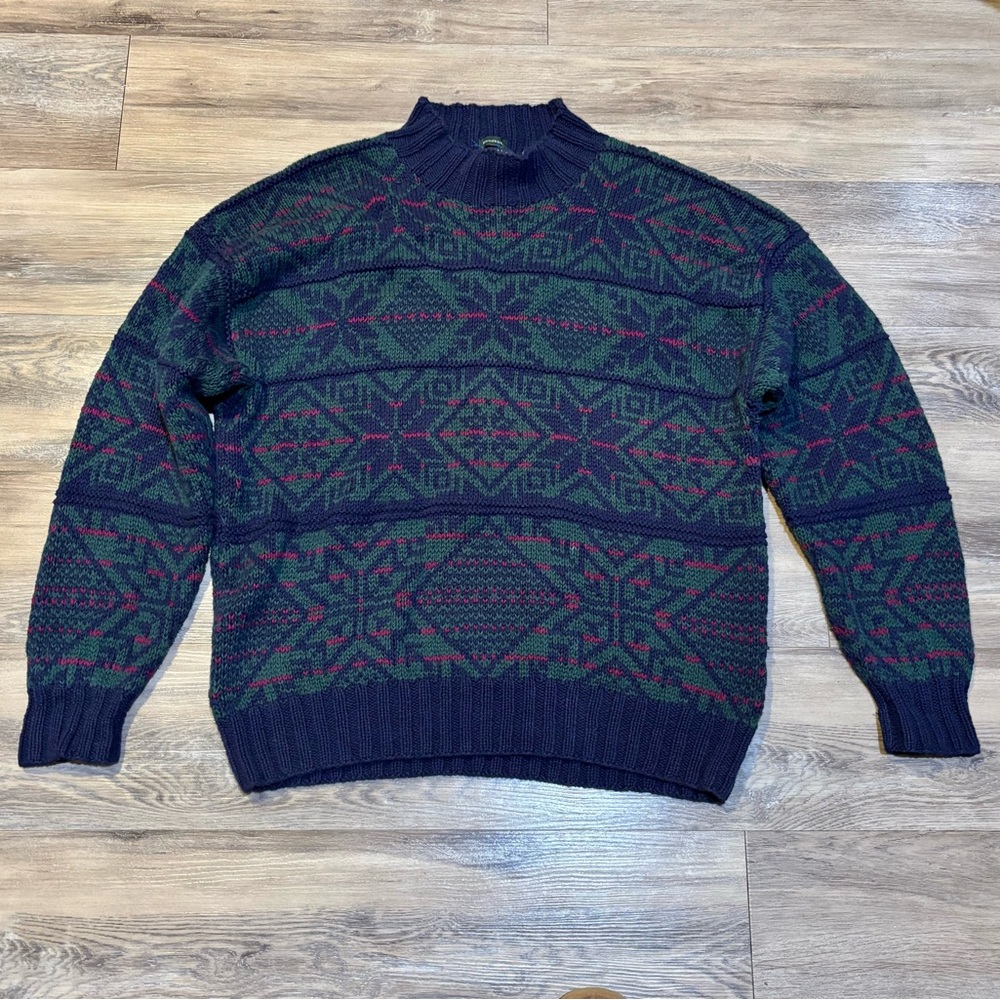 VTG Nautica Hand knit heavy weight cotton mock neck boxy sweater sz large